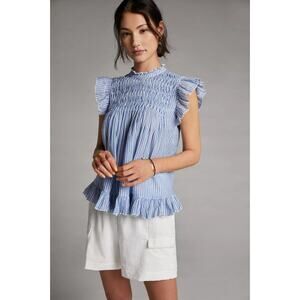 Anthropologie Vintage Charm Ruffle Peplum Victorian Cotton Top Small Blue Stripe
